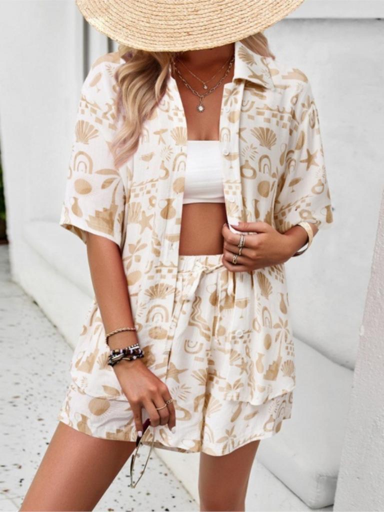 Women's Spring Summer New Fashionable Printed Button Shirt Strap Waist Shorts Set Casual Comfortable Collar Two Piece Set
