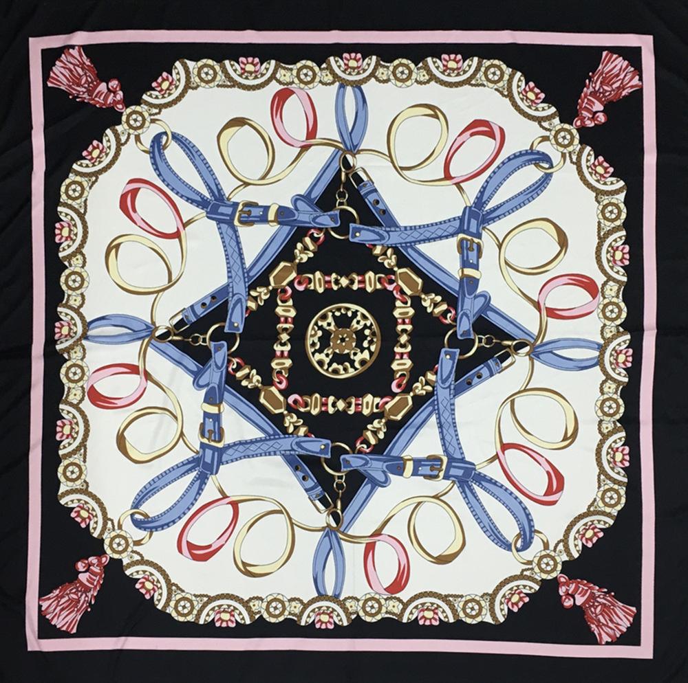 Luxury Brand 100% Twill Silk Scarf ChainsTassel Square Scarf New Design Print Kerchief Women Neck Shawl Wraps Echarpe 130cm