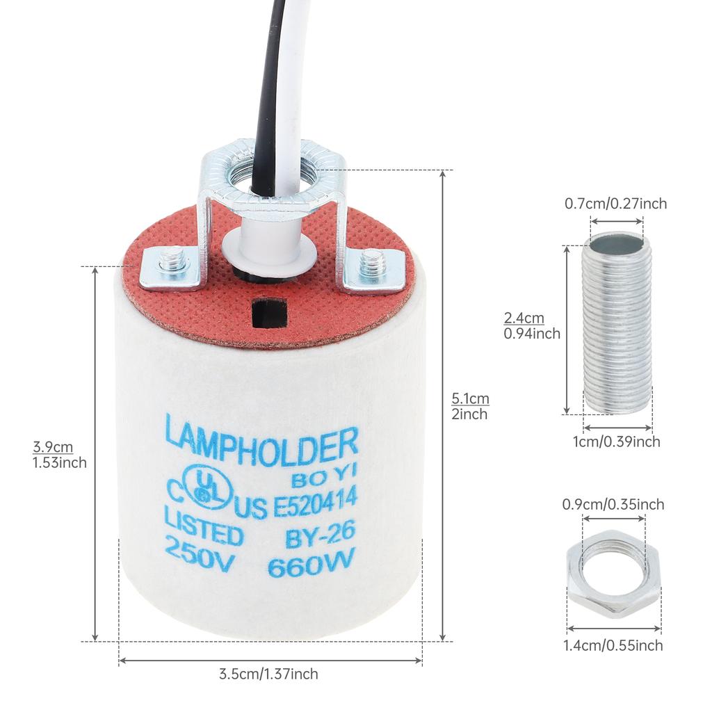 Ceramic E26 Light Socket High Temperature Resistant Porcelain Lamp Holder Heavy Duty Incandescent LED Bulb Replacement Includes Wire Easy Install