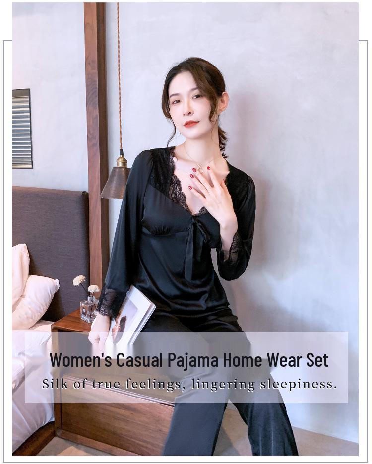 Women's Plus Size Ice Silk Long Sleeve Pajamas with Chest Pads - High-End Feel for Spring, Summer, Fall
