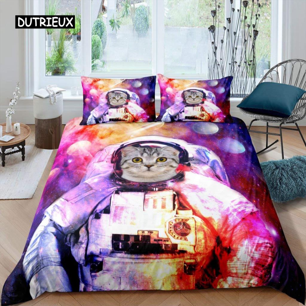 Galaxy Cat Duvet Cover Set Microfiber Universe Galaxy Bedding Set Cute Kitten Comforter Cover Outer Space Planets Quilt Cover