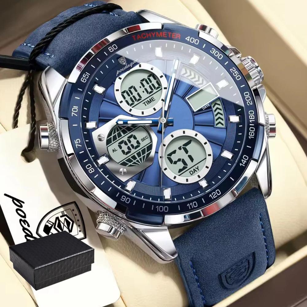 POEDAGAR Men Wristwatch Week Date Digital LED Quartz Fashion Clock Alarm Dual Time Display Electronic Luminous Watches