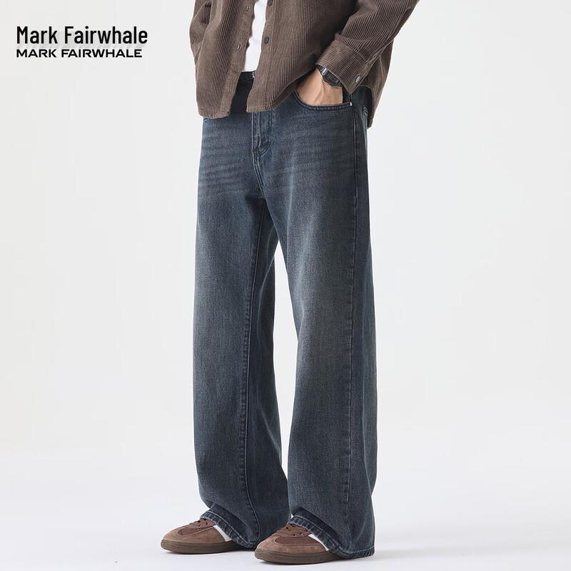 Mark Fairwhale Men's American Retro Loose Fit Dark Blue Flare Jeans