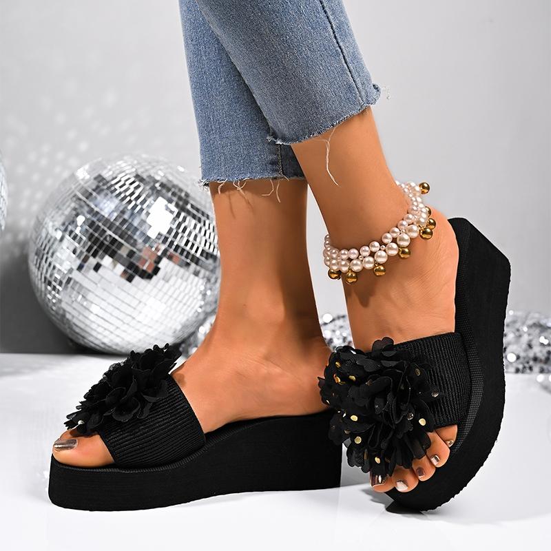 Fashion Fashion Flower Design Wedge Slippers Women Summer Sequins Black Platform Slides Female Stylish Anti-Slip High Heel Sandals Mujer