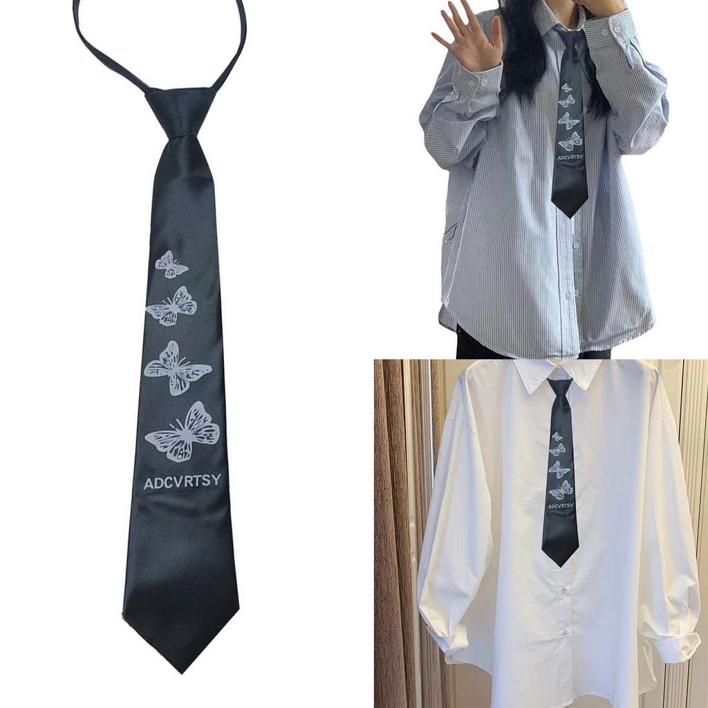 Unisex Japanese Campus Neck Tie Elegant Butterfly Floral Print Zippers Pre Tied Tie for Student Uniform and Shirt Collar