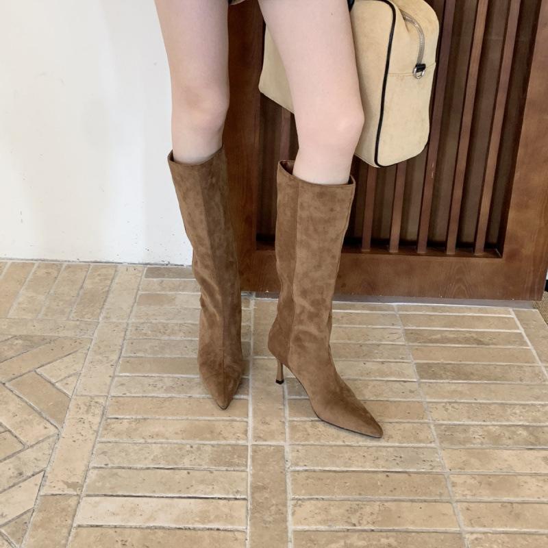 Retro pointed simple suede fashion high heel thin heel knight boots but knee boots women