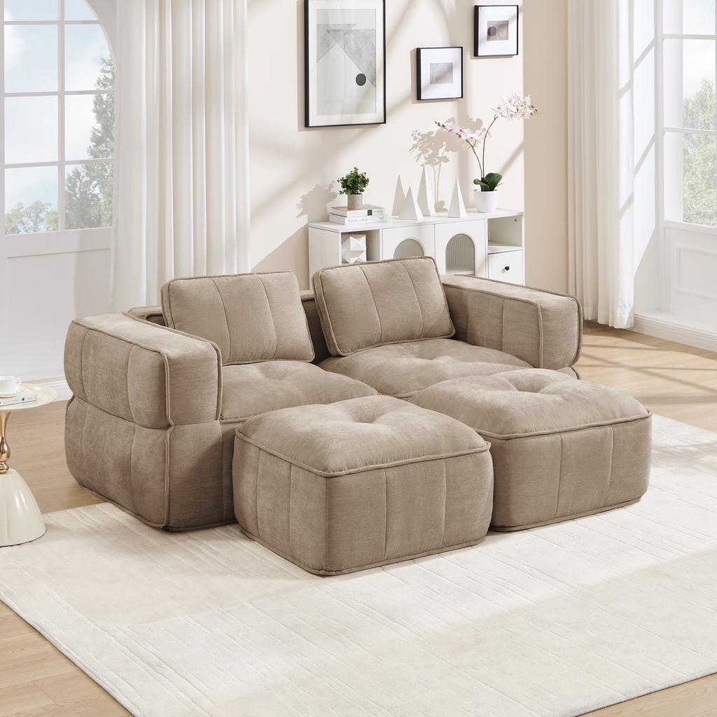 Modular Two-Seater Sofa with Two Stools, Without Struts, 32D High-Density Foam, Deep Seat, Soft Fabric, Ideal for Living Room and Apartment, Sand.