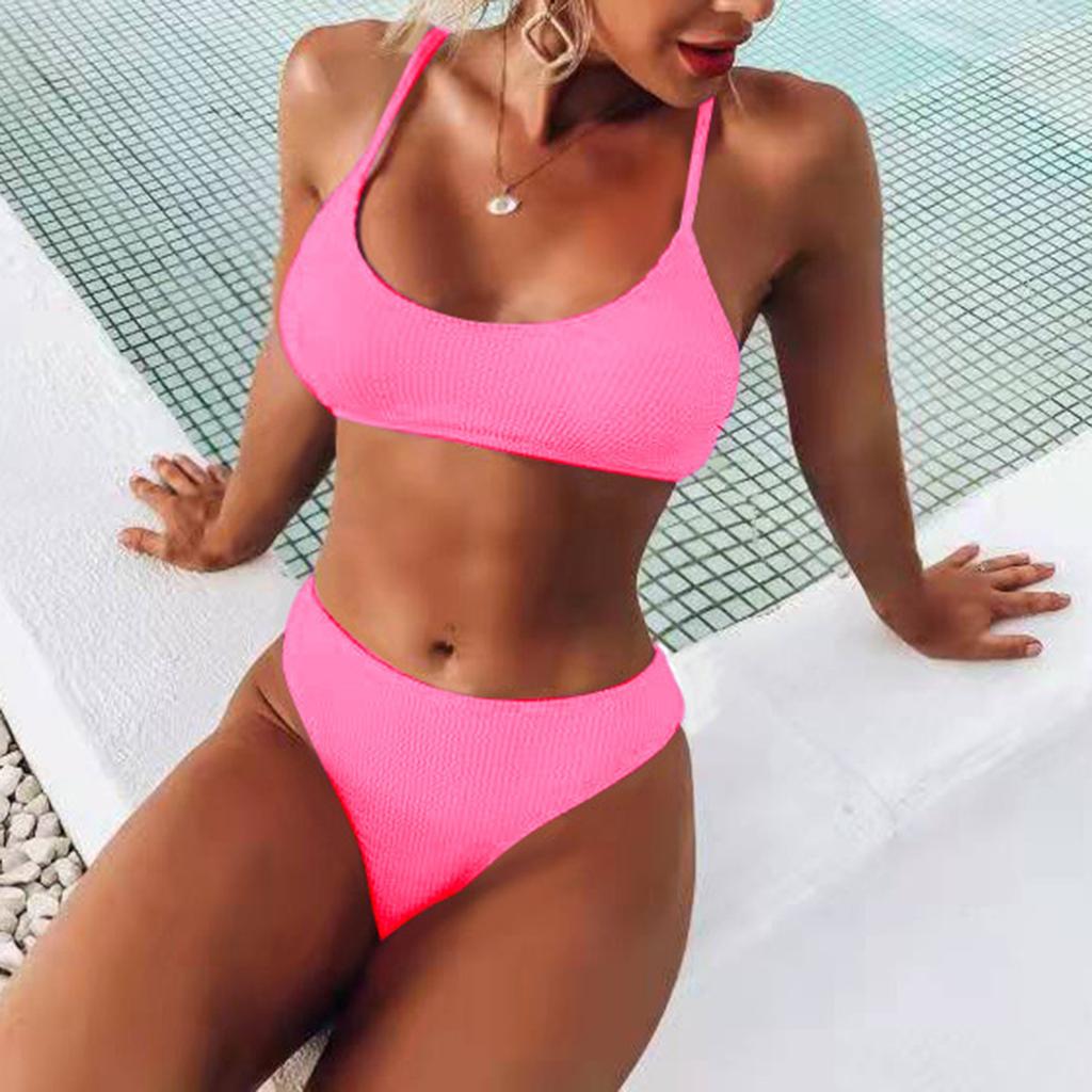 Women's Summer Fashion Sexy Solid Color  Waist Split  Strap Bikini Swimsuit Set