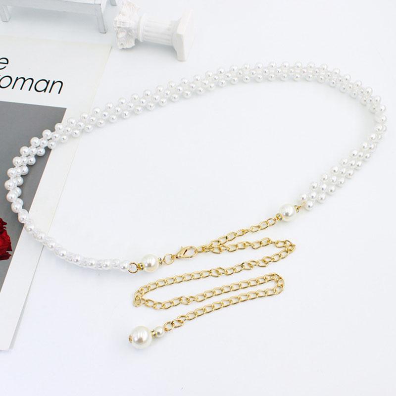 Fashion Adjustable Acrylic Pearl Belt Women Ladies Metal Thin Chain Belt Slim Body Chains Straps Dress Skirt Elastic Waistband