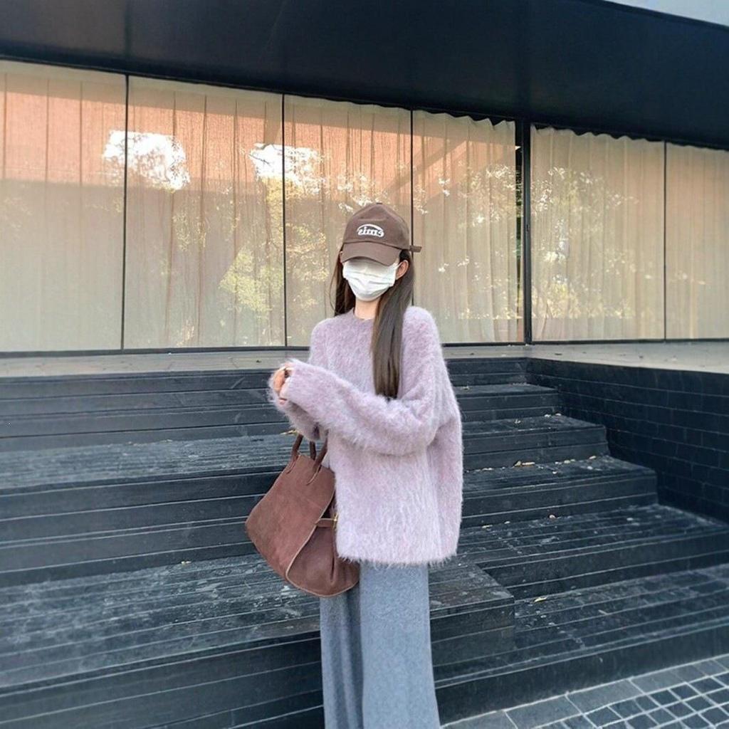 Women's Cozy Gray Imitation Mink Velvet Round Neck Sweater, Perfect for Autumn and Winter.