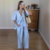 Solid Color Light Blue V-Neck Puff Sleeve Short Sleeve Casual Set