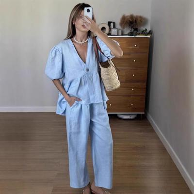 Solid Color Light Blue V-Neck Puff Sleeve Short Sleeve Casual Set