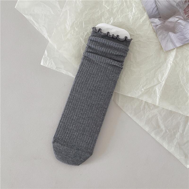 Women's Ribbed White & Gray Lace Trim Socks - Trendy Miu Style