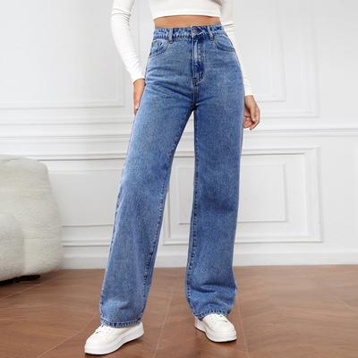 Women Jeans High Waist Zipper Button Closure Solid Color Slim Fit Wide Leg Retro Straight Pockets Soft Colorfast Lady Full Length Denim Pants