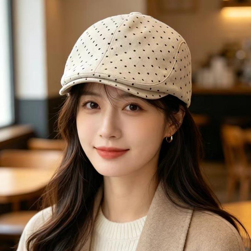 Retro Polka Dot Forward Hat Women's Summer Fashion Versatile Face Little Newsboy Beret Literary Painter Hat
