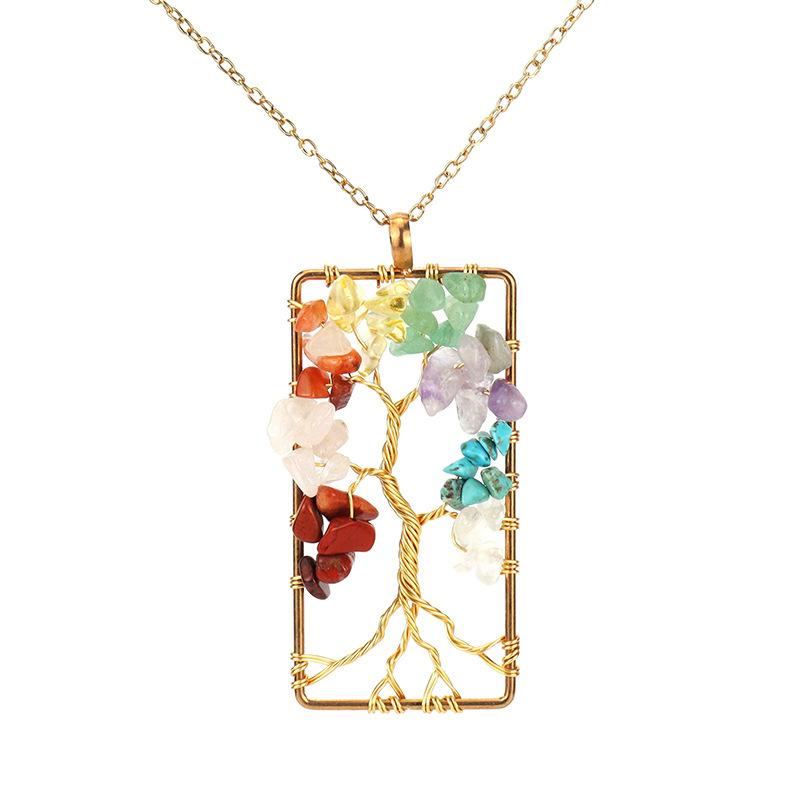 Natural Gravel Wrapped Rectangular Tree Of Life Necklace, Crystal Fortune Tree Necklace N39