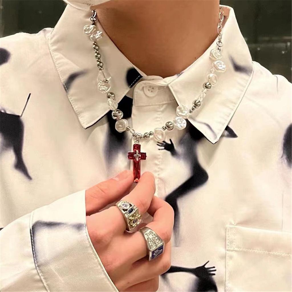 Tooxika Sweet Cool Hottie Pearl Cross Necklace Men's And Women's Hip Hop Personalised Dark Collarbone Chain
