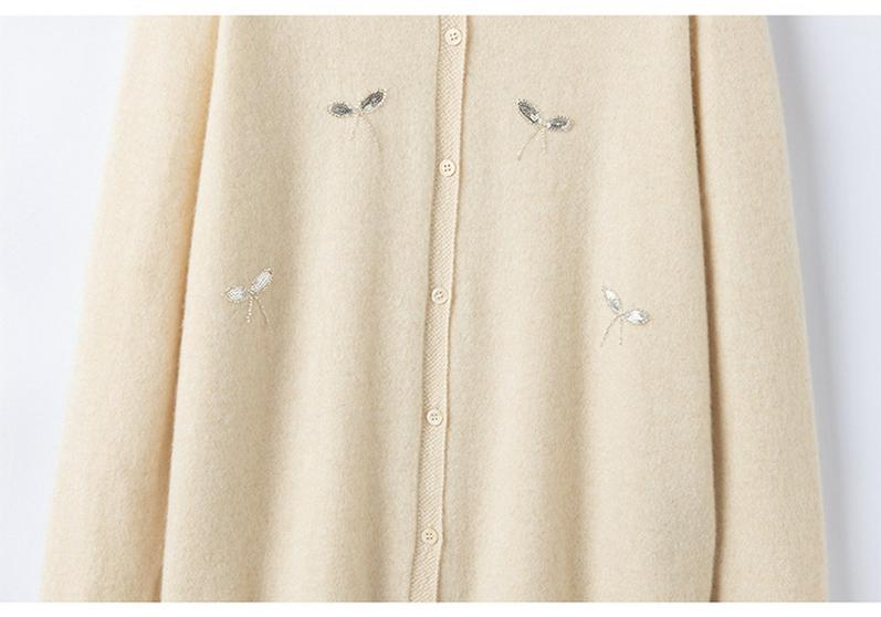 Women's 100% Pure Cashmere Embroidered Round Neck Cardigan - New Style Solid Color Knit Sweater Coat