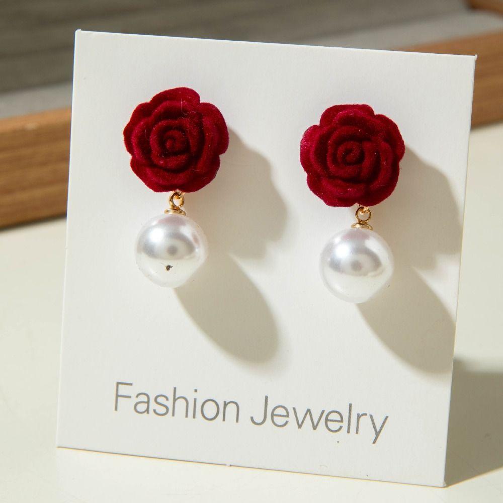 Zinc Zinc Alloy Wine Red Bow Drop Earrings Pearl New Year Earrings Red Velvet Bow Earrings  Autumn/Winter