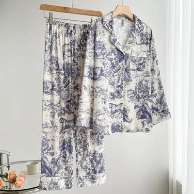 Spring New Ink Print Ice Silk Pajamas for Women Lapel Long Sleeved Home Clothes