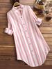 Plus Size Women's Long Sleeve Striped Casual Shirt with Roll-Up Sleeves