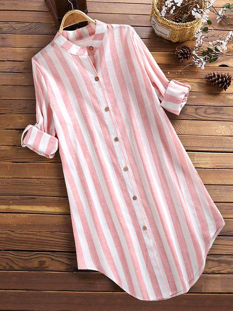 Plus Size Women's Long Sleeve Striped Casual Shirt with Roll-Up Sleeves