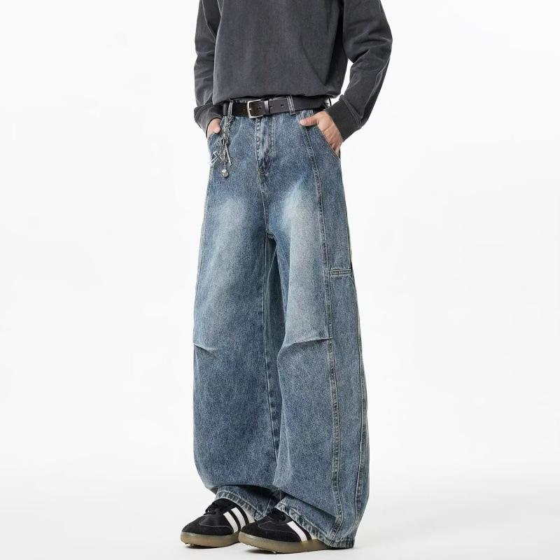 American retro pleated washed jeans men's and women's deconstruction wide-leg scimitar pants loose straight men's casual pants tide