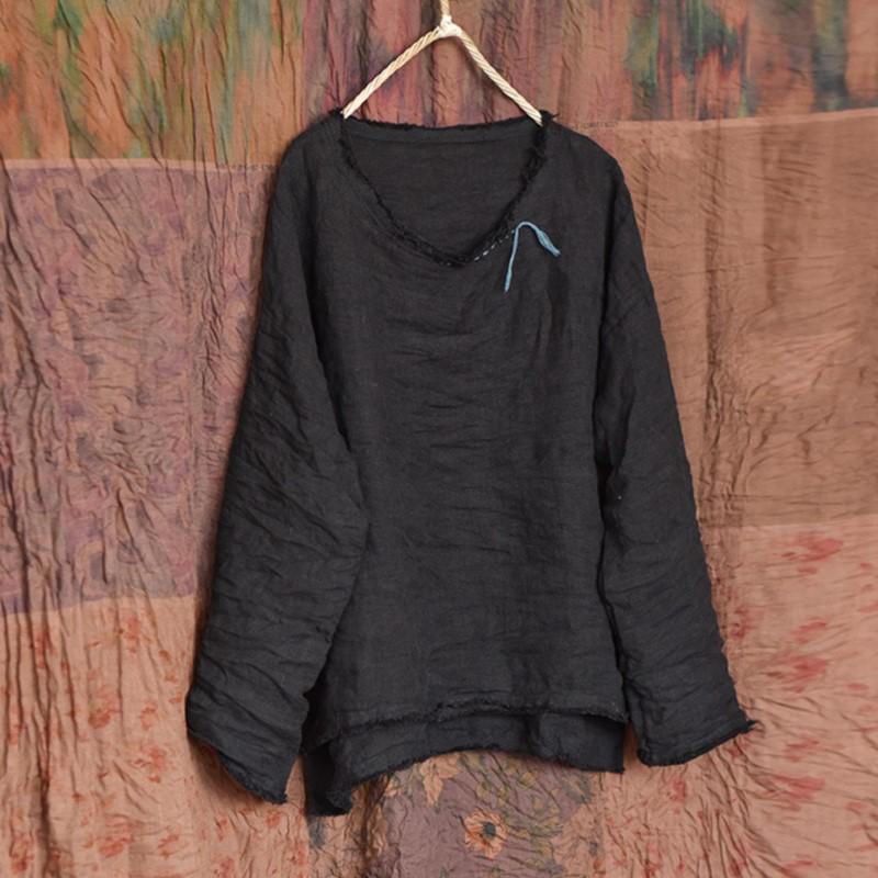 Johnature Vintage Damen T-Shirts Einfarbig Herbst T-Shirts O-Ausschnitt Langarm Stickerei Unregelmäßig Damen T-Shirts