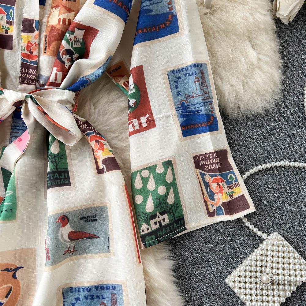 RUGOD Europe and the United States Design Sense Print Dress Women's Lace-up Waist Slimming Western-style Long-sleeved A-line Dress