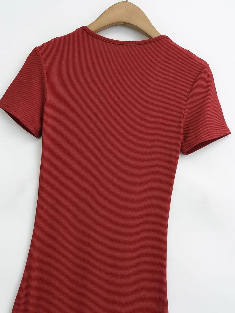 Chic V-neck Slim Fit Short-Sleeve Dress: European & American Style Summer Midi