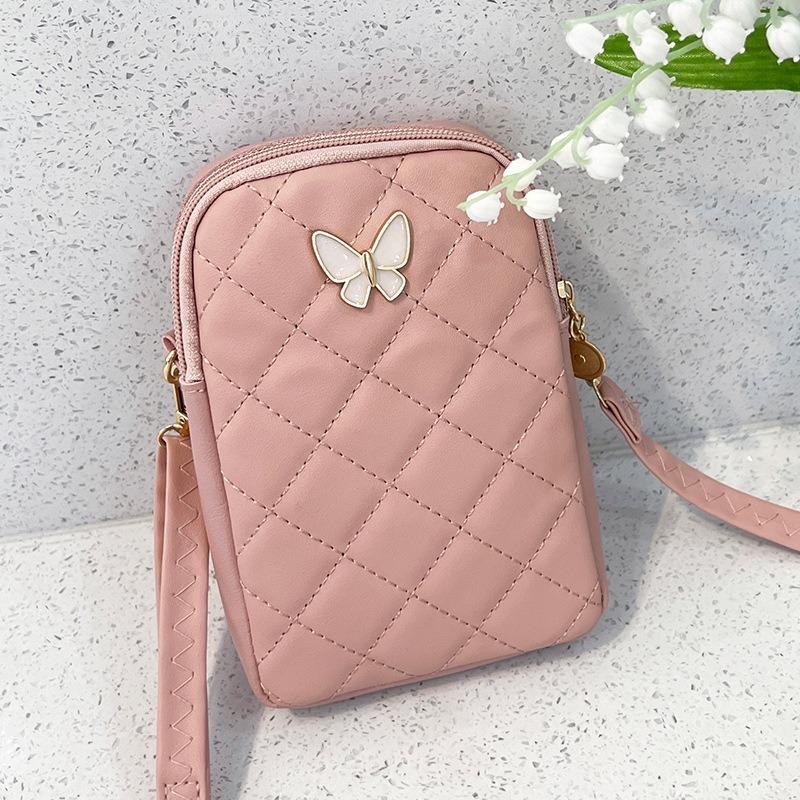Quilted Mini Crossbody Bag Korean Style Floral Embroidered Phone Purse with Butterfly Detail
