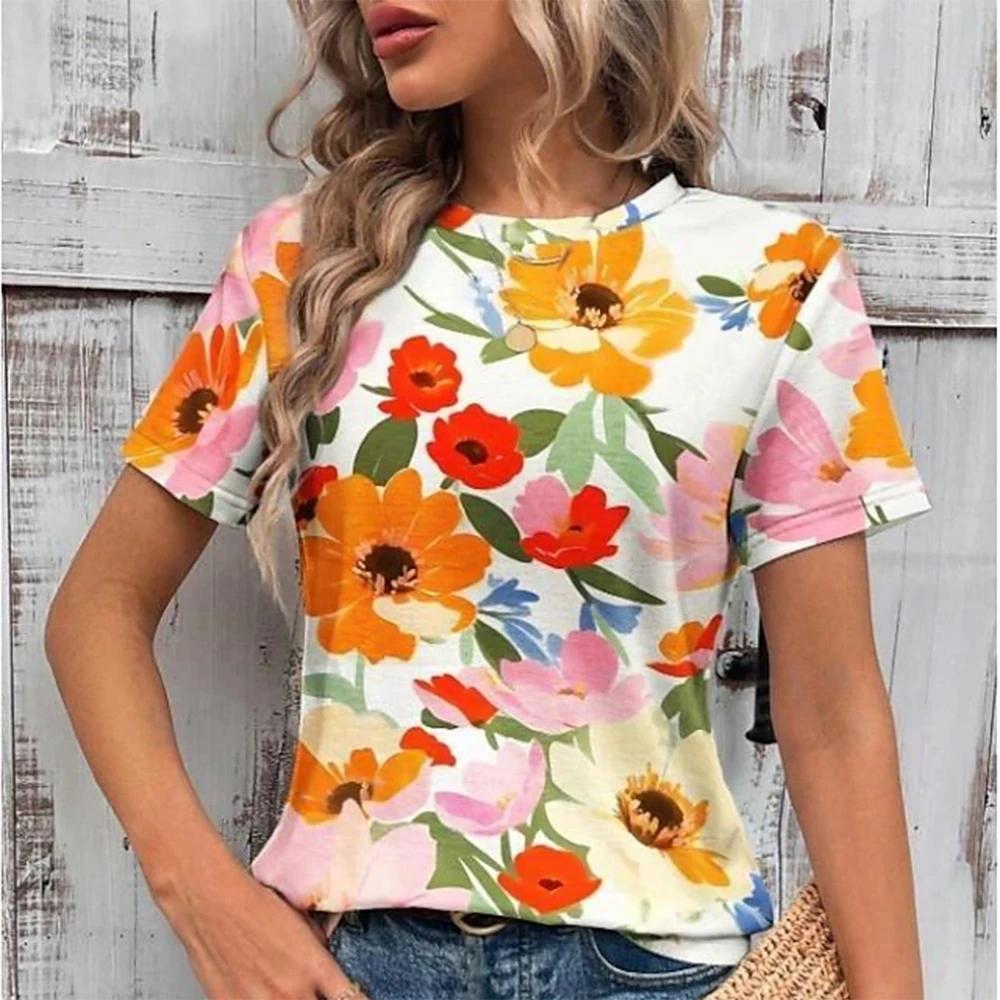 New ladies casual short-sleeved T-shirt 3d floral print summer blouse round neck short-sleeved blouse