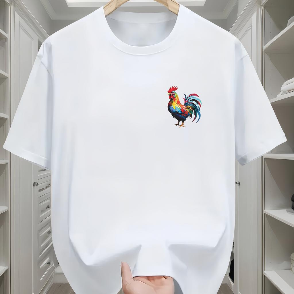 Men's summer 100% pure cotton fashionable casual loose sports bright rooster print round neck short sleeved T-shirt top