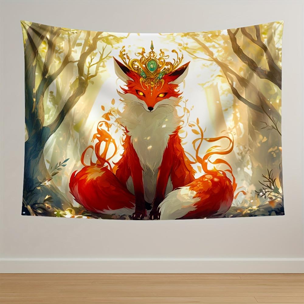 Enchanted Fox Tapestry Majestic Forest Guardian with Crown Sunlit Trees Mystical Glow for Fantasy Home Decor Wall Art 74x94cm(29x37in)