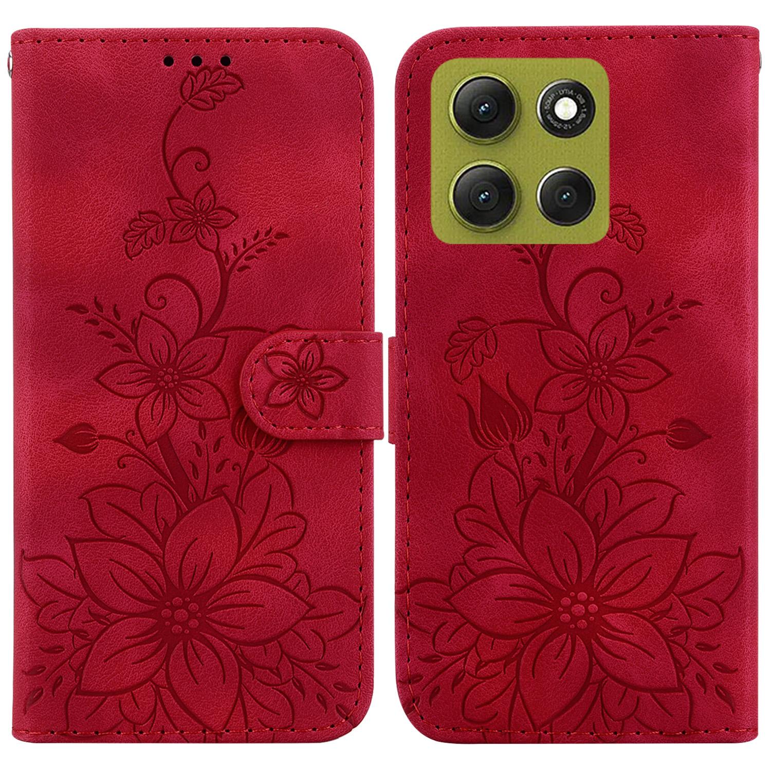 

For Motorola Moto G86 5G Stand Case Lily Flower Imprint Leather Phone Cover with Wrist Strap Red