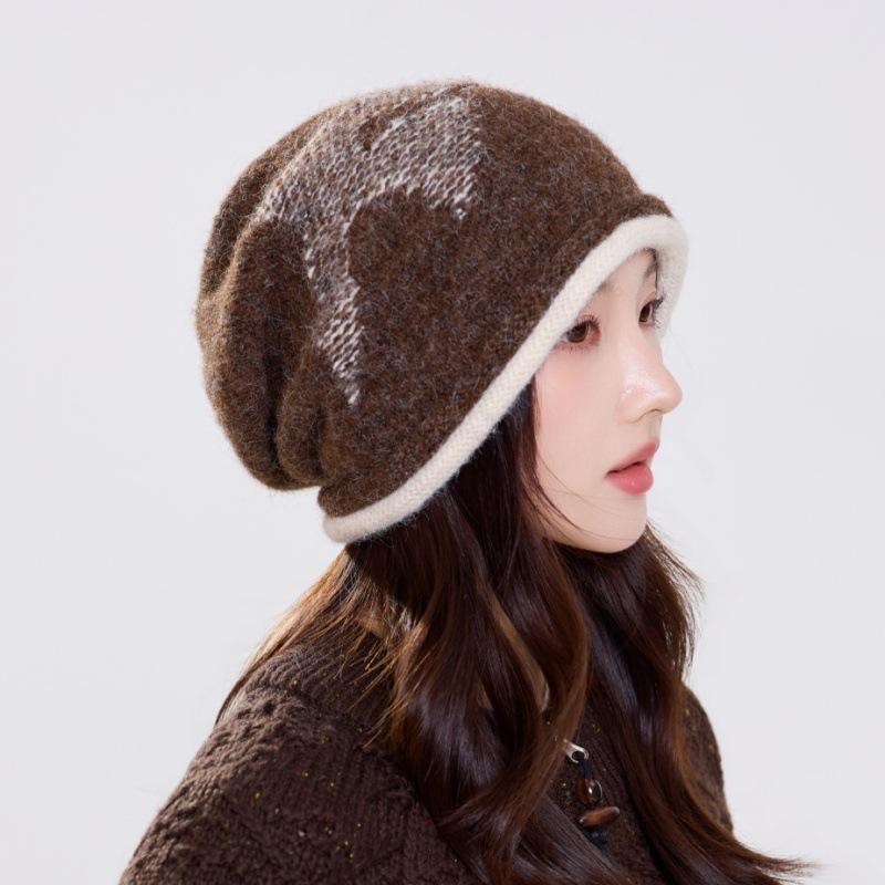 Autumn and winter thickened pile hat women's warm and cold-proof wool hat contrasting color crimped big head circumference bag head hat spot