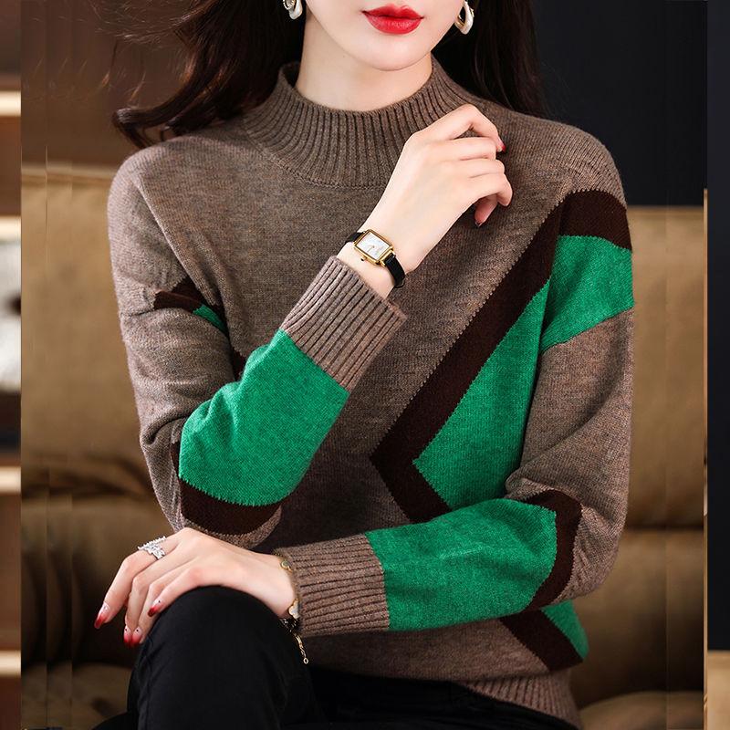 Women Knitted Sweater Pullover Autumn Winter New Korean Long Sleeve Loose Casual Color Block Sweater Fashion Female Tops