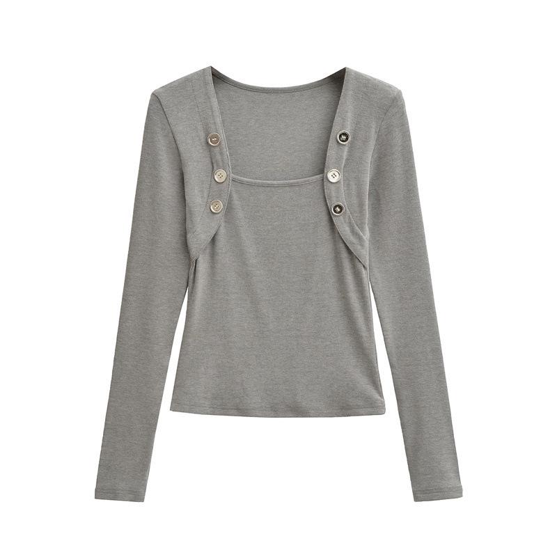 Pure Desire Style Fake Two-Piece Off-Shoulder Imitation Cashmere Square Neck Long-Sleeve Slim Fit Women's Top