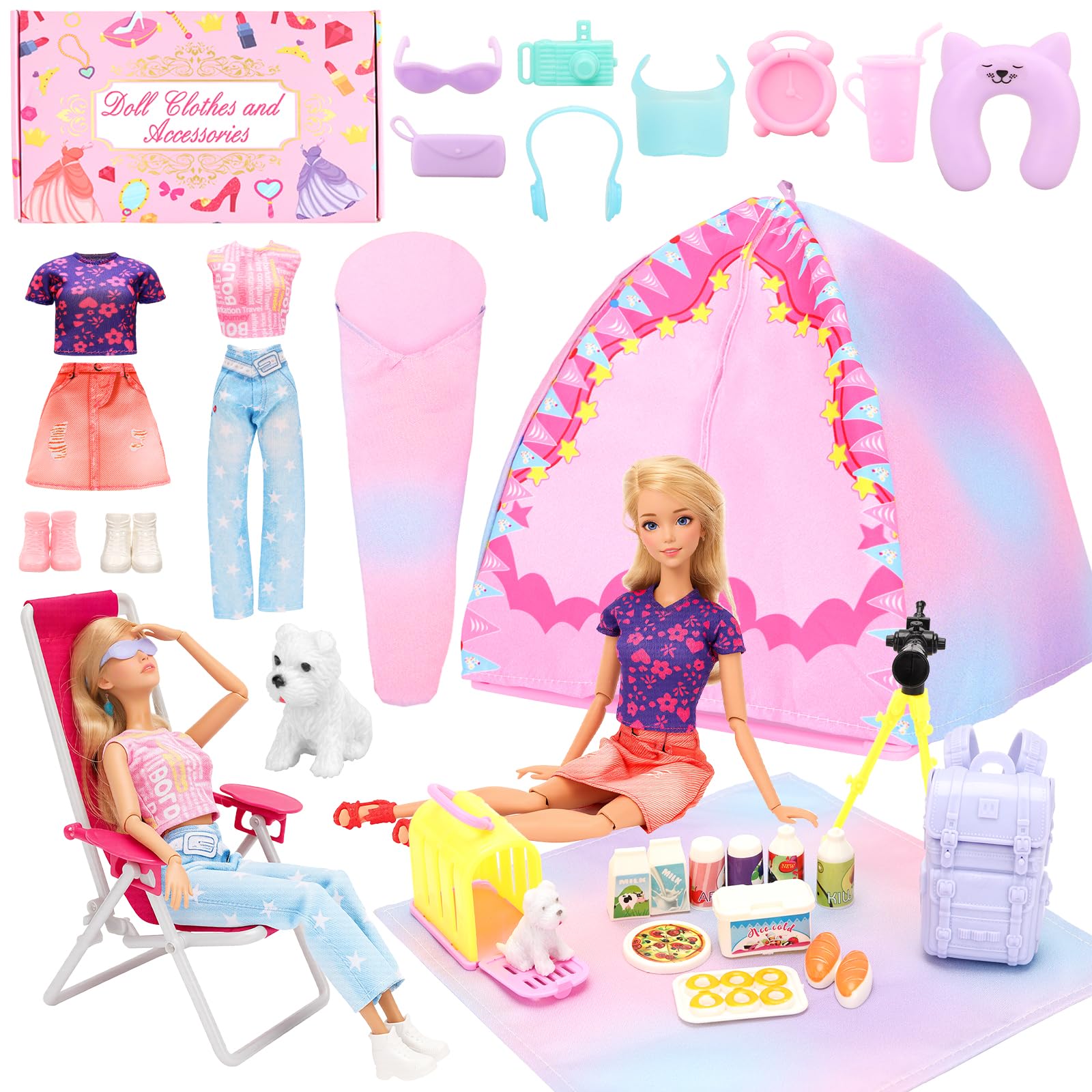 

Doll Camping Set for 30cm Dolls Includes 2 Food Daily Necessities Sleeping Tent Dog and 2 Pairs of Shoes - Outfits, 14-Piece Set, 8-Piece Set, Mirror,
