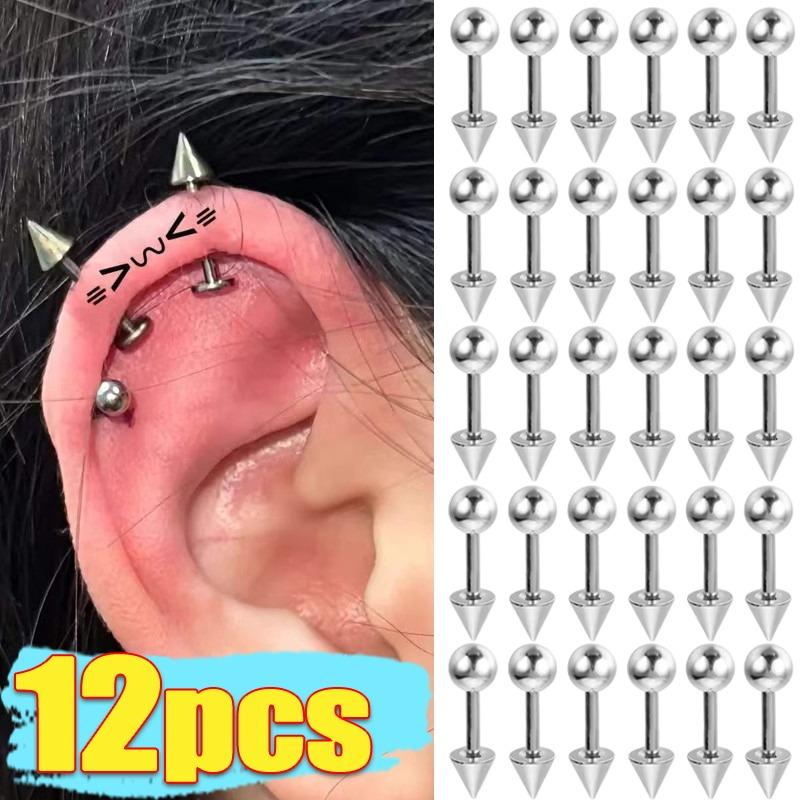 12pcs Y2K Fashion Stainless Steel Stud Earring 3/4mm Ball Cone Screws Earrings Ear Bone Nail Piercing Body Jewelry Accessories