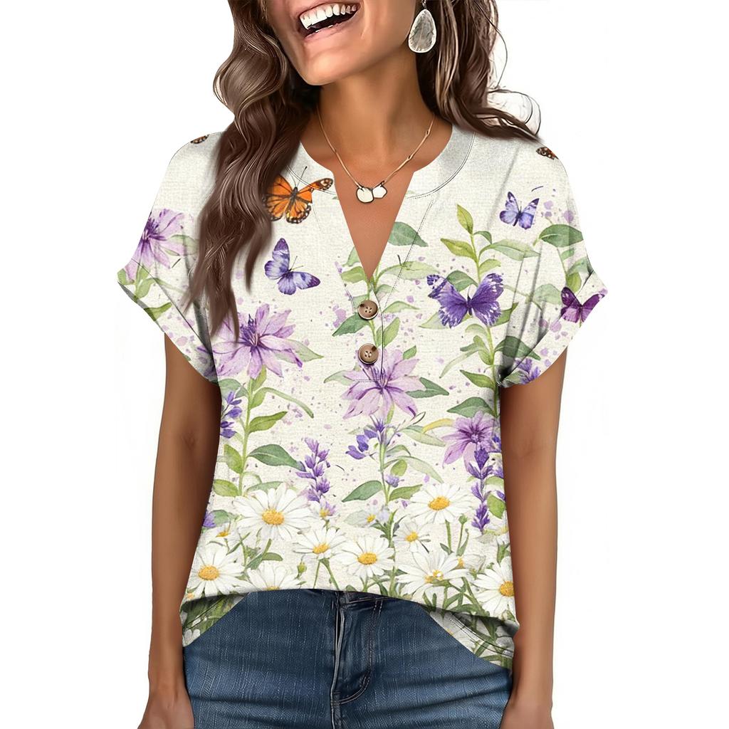 Camiseta de Manga Corta con Botones, Cuello en V, Estampada, Casual, Holgada, a la Moda para Mujer