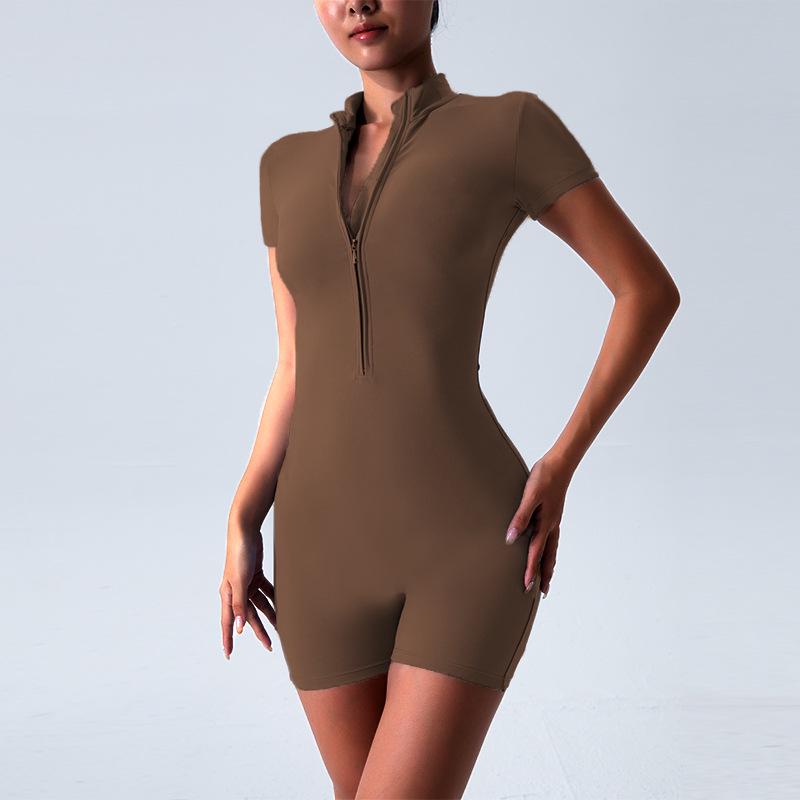 High-End Summer Yoga & Running Set: Zipper Collar, Quick-Dry, Short Sleeve Top for Women