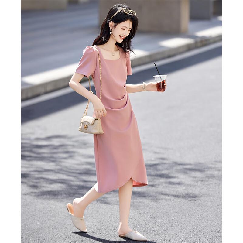 

Shang Jing French Elegant Square Neck Pleated Slit T-Shirt Dress M