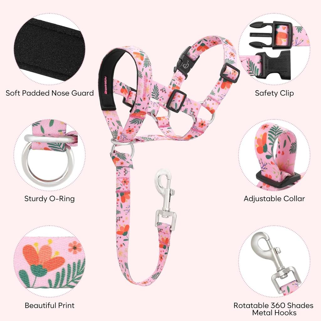 Dog Head Collar, Printed No-Pull Headcollar, Adjustable Dog Head Halter Gentle Lead with Safety Link, 3 Colors Muzzle Leash for Small Medium Large