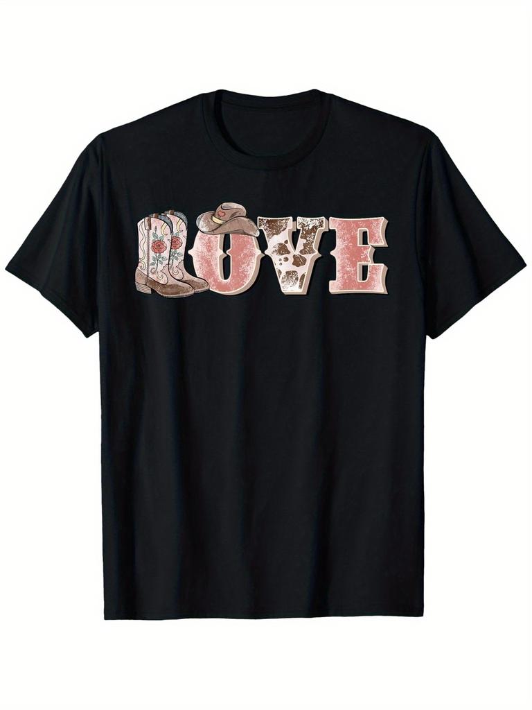 Cowboy Love Western Boots Hat Graphic Tee Soft Breathable Cotton T-Shirt Casual Daily Crew Neck Gift