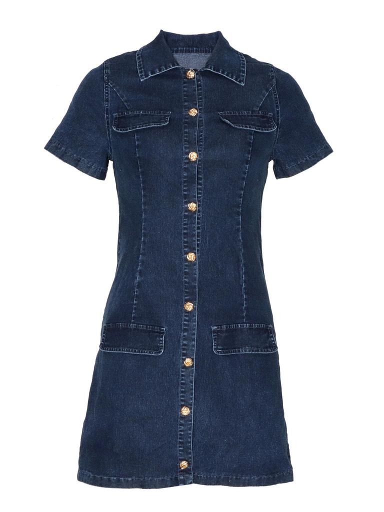 Women's Denim Skirt Dress: Short Sleeve, Cardigan Style with Cinched Waist and Pockets