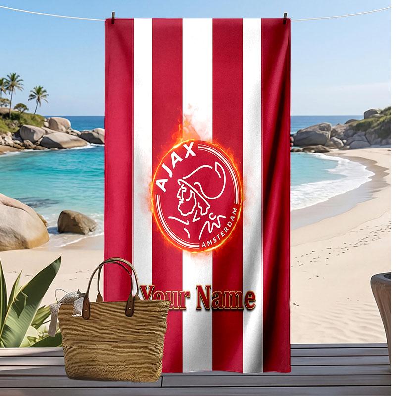 Asciugamano da Spiaggia Personalizzato Stampato Ajax Amsterdam Logo Calcio Supporto Nome Personalizzato Testo Asciugamano Assorbente Per Sport Viaggio Regalo Speciale