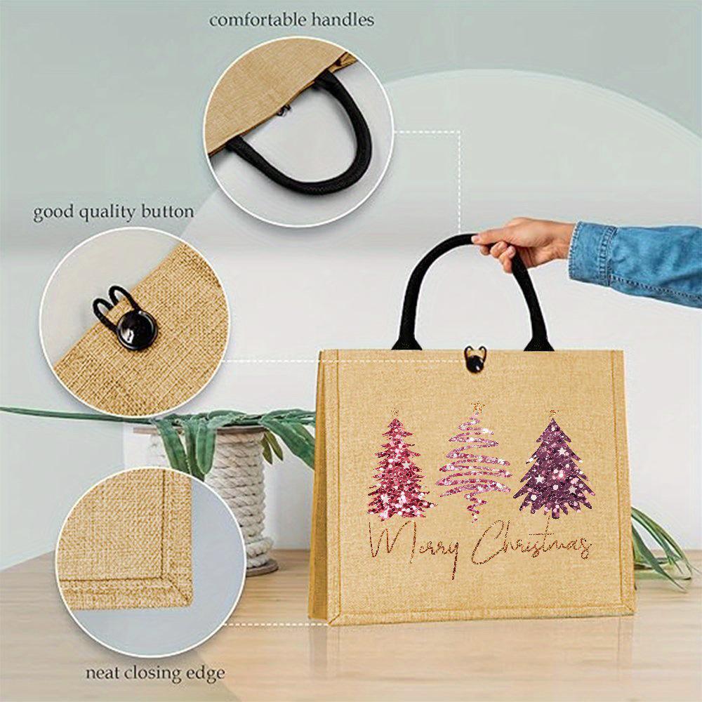 Pink Christmas Tree Burlap Tote Bag - Perfect for Outdoor Picnics, Parties, Travel, and Shopping