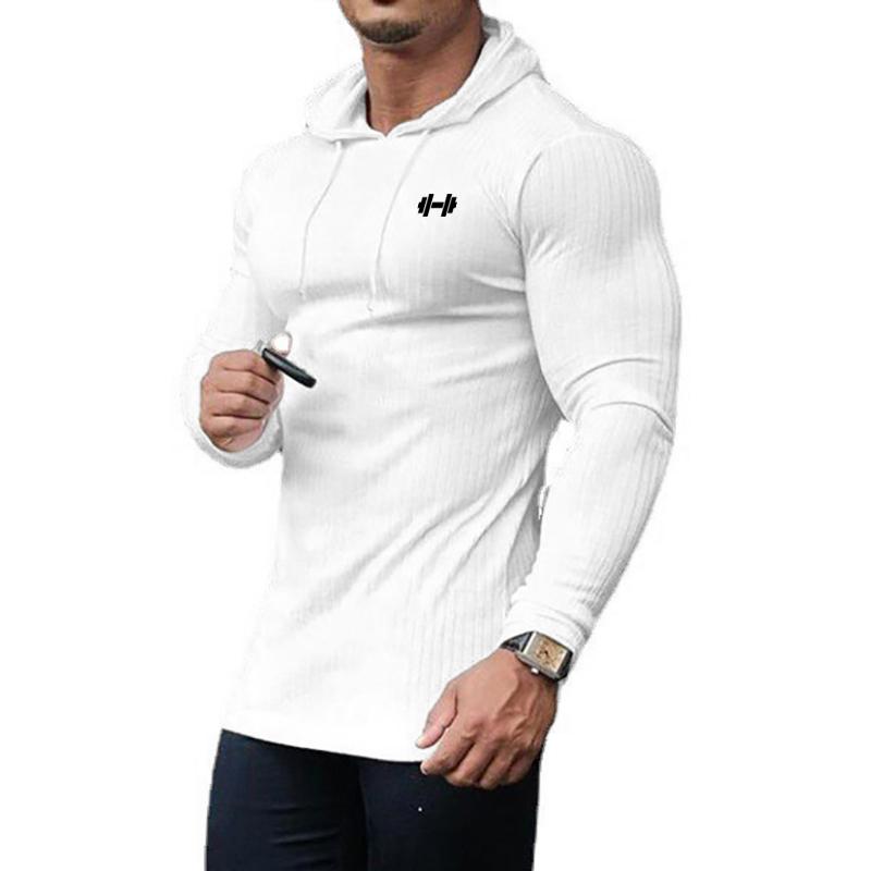 Muscleguys Spring Autumn Mens Running Hooded T-shirts Thin Ribbed Knitted Sports Sweaters Classic Strip Slim Gym Fitness Pullover T Shirts