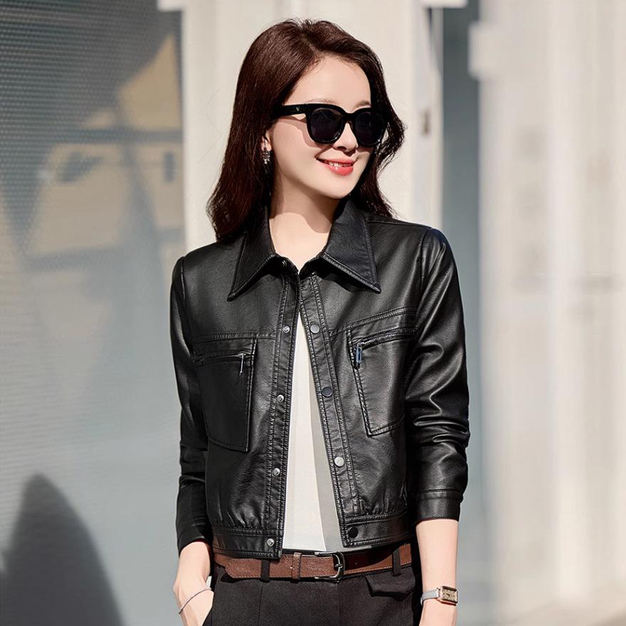 

Короткая женская кожаная куртка, новая весенне-осенняя, с небольшим темпераментом, ретро, с лацканами, мотоциклетная куртка из ПУ кожи XL